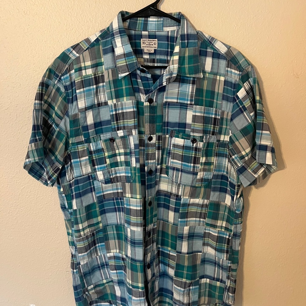 J. Crew Men's Green and Blue Plaid Casual Button Up Shirt Size Large